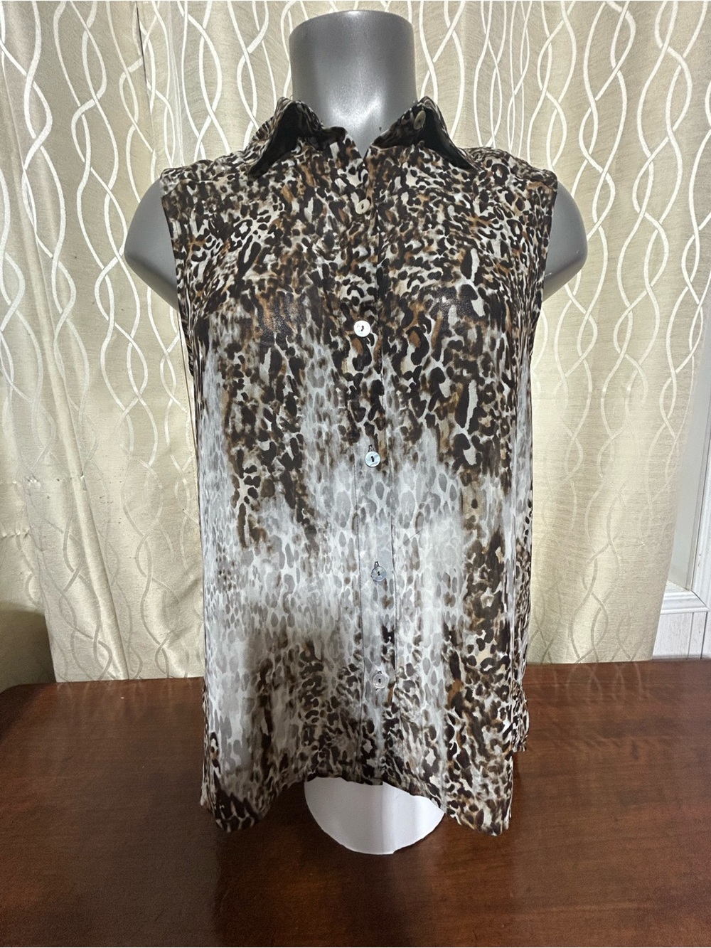 Chico's Brown and White Leopard-Print Sleeveless Button Front Blouse